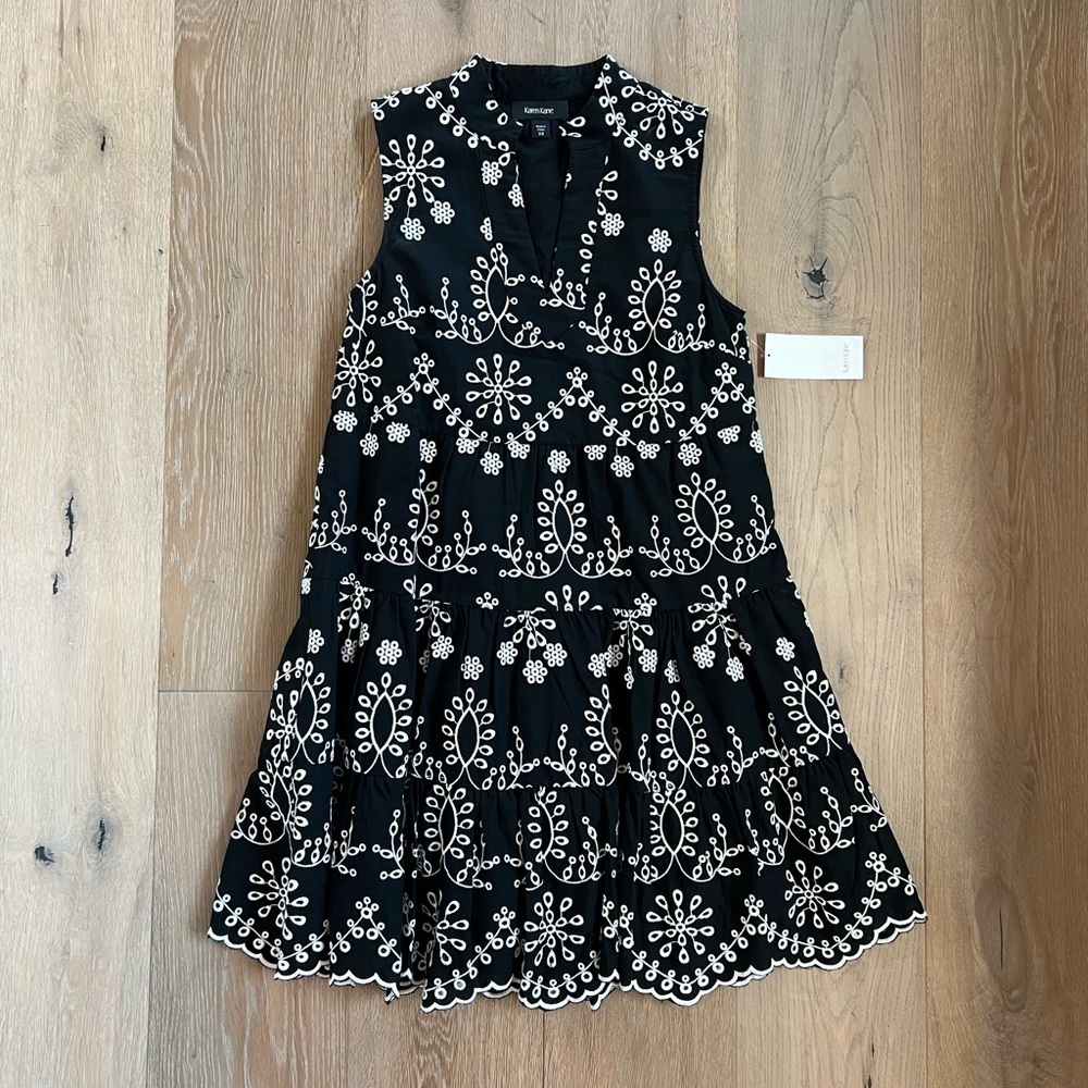 Karen Kane Eyelet Embroidered Sleeveless Tiered Cotton Dress Black and White XS - Picture 12 of 16